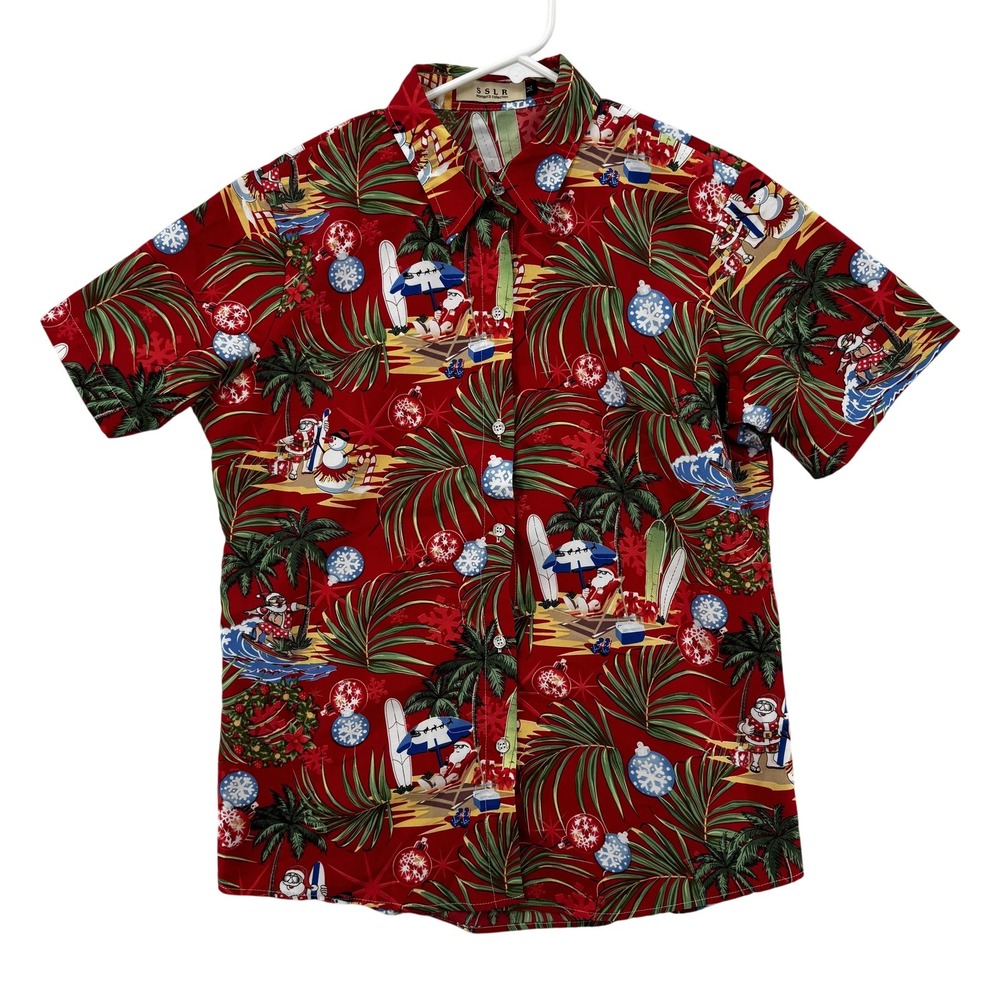 SSLR Shirt Womens Medium Red Christmas Hawaiian Santa Surfing Beach‎ Holiday Top